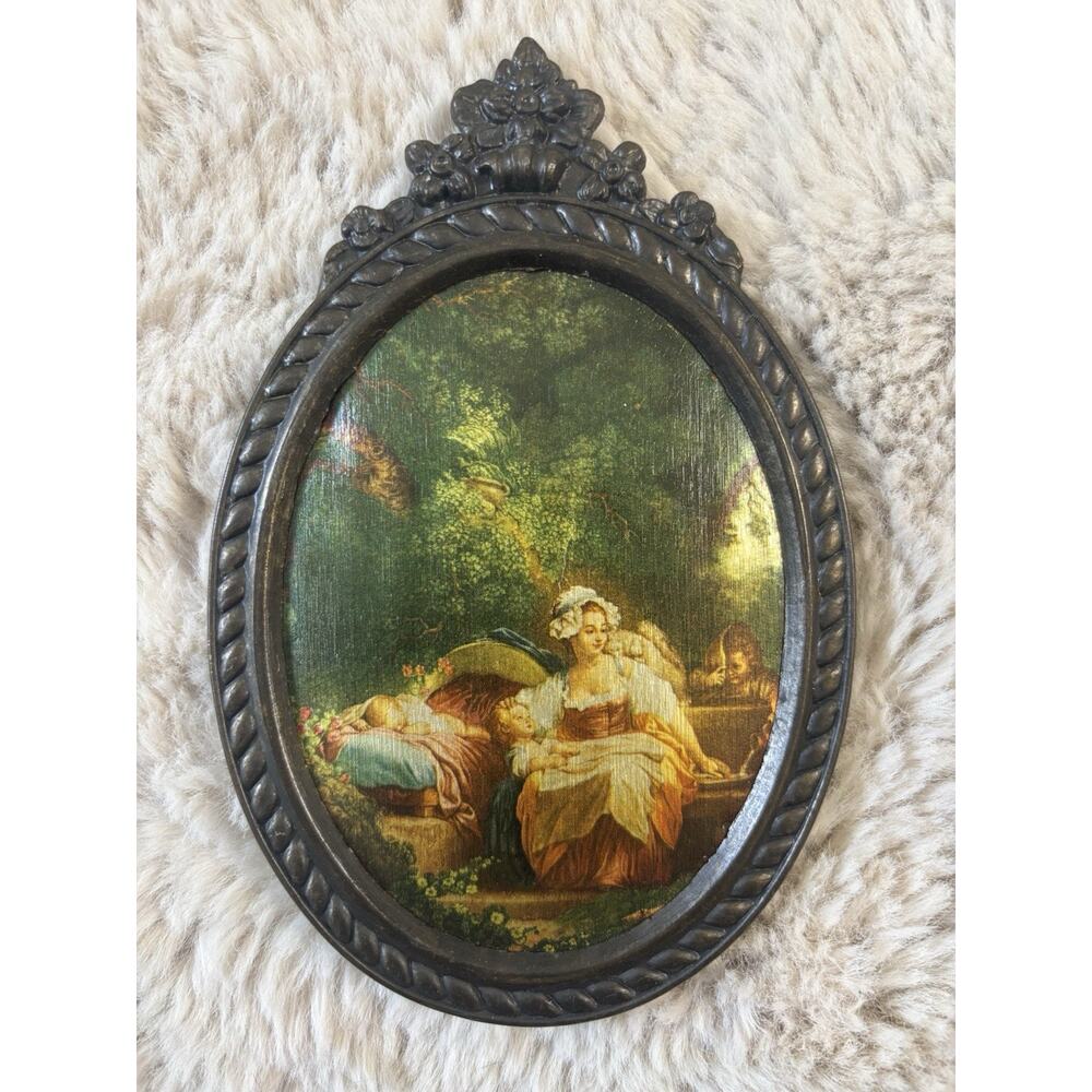 Fragonard The Good Mother Oval Framed Print On Silk, Ornate Bronze